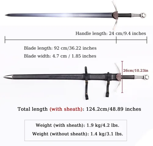 Vista 8 de Espada medieval occidental de 48 pulgadas, hoja de acero al manganeso 65, forjada a mano, espada real afilada con cinturón, para coleccionar