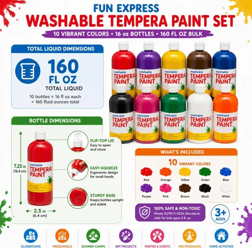 Vista 8 de Fun Express Juego de pintura de témpera lavable para niños, 10 colores vibrantes (botellas exprimibles de 16 onzas, 160 onzas líquidas a granel)