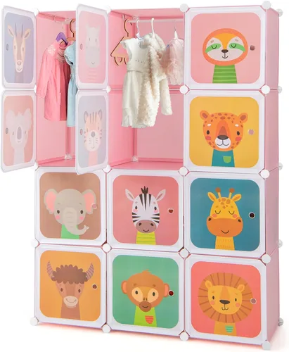 Vista 12 de HONEY JOY Armario para niños, organizador de almacenamiento de ropa de dibujos animados para bebés, 8 cubos y 2 secciones para colgar, armario Azul