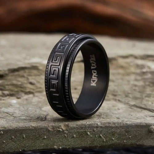 Vista 2 de King Will 8mm BlackSilver Spinner Stainless Steel Ring Fidget Ring Anxiety Ring for Men Brushed Greek KeyViking PatternRoman NumeralsHammered