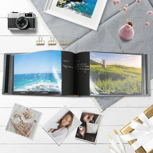 Vista 5 de Holoary Álbum de fotos pequeño de 4 x 6 pulgadas, tapa dura de lino, capacidad para 50 fotos, encuadernado con páginas negras, mini álbumes de fotos