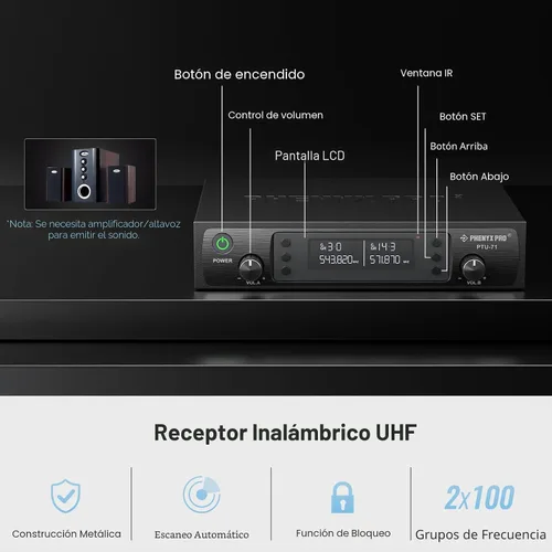 Vista 3 de Phenyx Pro Sistema de micrófono inalámbrico, micrófonos inalámbricos duales, con 2 dispositivos de mano, escaneo automático, frecuencias UHF de 2 x