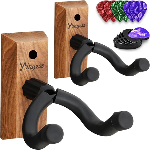 Vista 10 de Soporte de pared para guitarra, paquete de 3 con soporte para púas y 6 púas de celuloide, colgador de guitarra de madera de nogal en forma de U