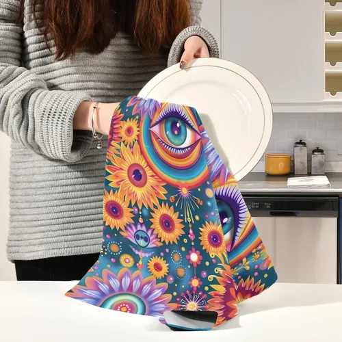 Vista 6 de GAIREG Psychedelic Colorful Retro Flowers Hand Towel Kitchen, 28x18 Inch Absorbent Spring Towels Kitchen