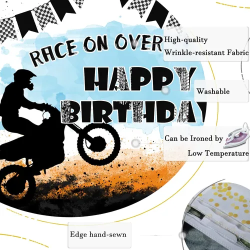 Vista 7 de Telón de fondo de motocicleta con texto en inglés "Race On Over Motocross Racing Fotografía", decoración de fiesta de cumpleaños, suministros