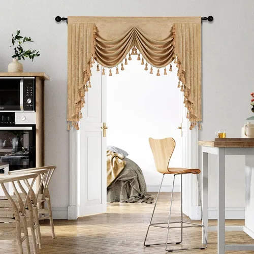 Vista 24 de ELKCA Cenefa de cortina de felpilla beige para ventana de sala de estar, cenefa de cascada para dormitorio, bolsillo para barra