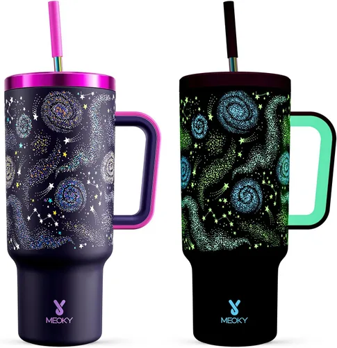 Vista 10 de Meoky - Vaso de 30 oz con asa, tapa y pajilla, taza de viaje térmica de acero inoxidable 100% a prueba de fugas, para portavasos, mantiene el frío