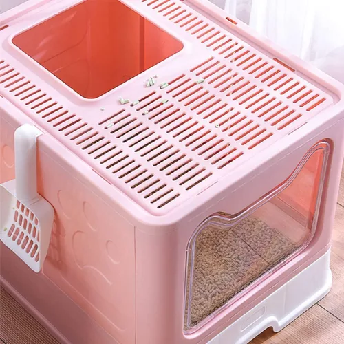 Vista 4 de Caja de arena para gatos, caja de arena plegable grande para gatos con tapa para gatos, estructura de cajón, inodoro y cuchara de arena para gatos