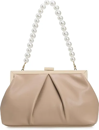 Vista 9 de CHARMING TAILOR Bolso de mano de piel sintética con marco de metal de PU fruncido, bolsa de noche formal con perla