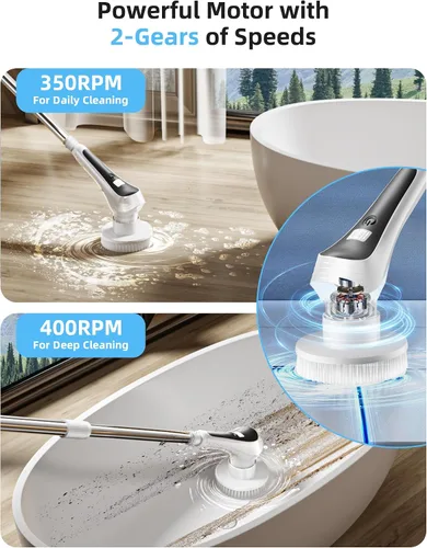 Vista 3 de Limpiador eléctrico giratorio, limpiador de ducha inalámbrico con pantalla de visualización, cepillo de limpieza de baño impermeable IP68, mango