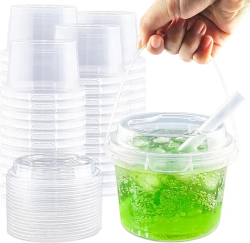Vista 7 de Juego de 20 mini cubos para bebidas de 16 onzas, vasos de plástico transparente con tapas y pajitas, vasos desechables para bebidas frías, café
