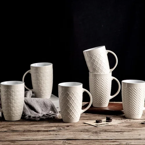 Vista 7 de AmorArc Juego de 6 tazas de café extragrandes de cerámica de 20 onzas con patrones geométricos texturizados para café, té, cerveza, cacao caliente