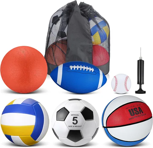Vista 7 de Libima Juego de 6 Pelotas Multideporte de Tamaño Oficial Fútbol Baloncesto Fútbol Soccer Voleibol Pelota de Patio Béisbol con Bolsa de Equipo