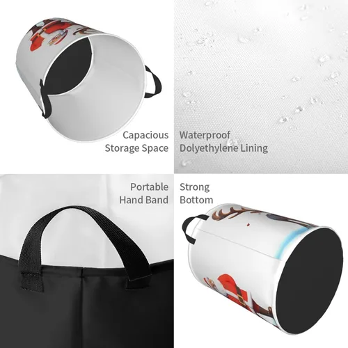 Vista 4 de Cesta circular con estampado de ciervos de Sant Claus, impermeable, cesta organizadora de lavandería, con asas, para ropa, juguetes, pequeña