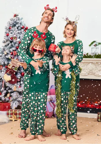 Vista 3 de Ekouaer Pijamas de Navidad para la familia, pijamas de manga larga a juego con pantalones a cuadros, ropa de dormir suave para descansar