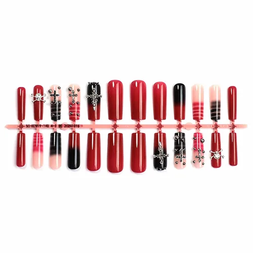 Vista 2 de MISUD - Uñas postizas largas cuadradas con pegamento de Rojo Gótico y Negro, diseño cruzado gótico Y2K acrílico, 24 piezas 020A00Rojo y Negro