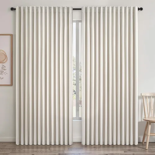 Vista 103 de Topfinel cortinas opacas de lino beige y blanco de 63 pulgadas de largo, 2 paneles para ventana pequeña, estilo natural de abedul bohemio y rústico