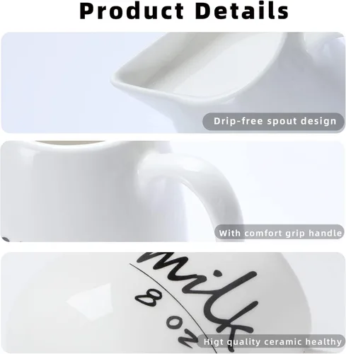 Vista 3 de Jarra de crema con asa, recipiente de cerámica para leche, café, salsa, apto para microondas, blanco (12 onzas, juego/1)