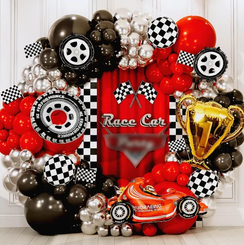 Vista 8 de Kit de Arco de Globos TODO EN 1 para Autos de Carreras con TROFEO BONUS y Número 2 - Kit de Guirnalda de Globos de Autos para Suministros de Fiesta