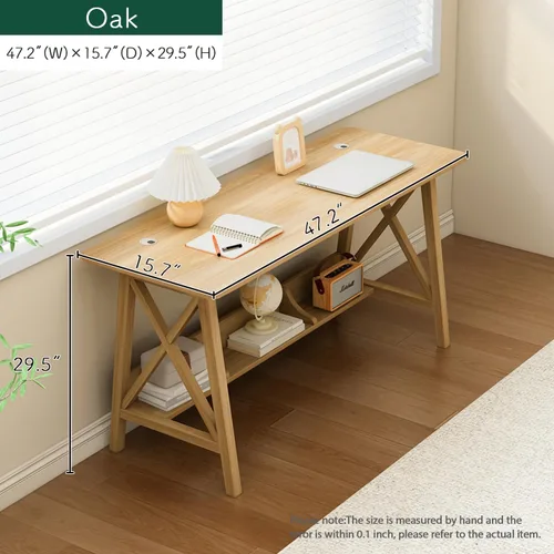 Vista 5 de NELYE Escritorio Extra Largo con Estantería - Mesa de Trabajo de Estudio de Oficina en Casa de Madera, Estación de Trabajo de Computadora de Roble