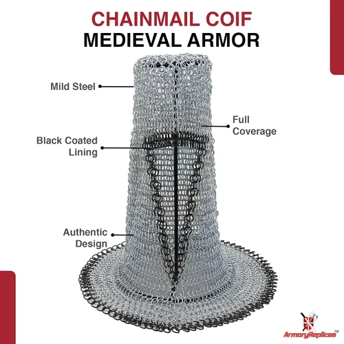 Vista 9 de Armory Replicas Medieval Chainmail Coif Armor, Mild Steel, 18.75 Inches Silver