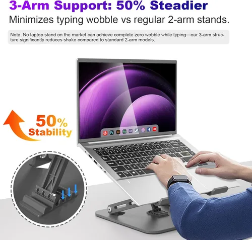 Vista 4 de Soporte ajustable para computadora portátil, elevador portátil con 3 brazos de soporte, soporte ergonómico ventilado de metal súper resistente