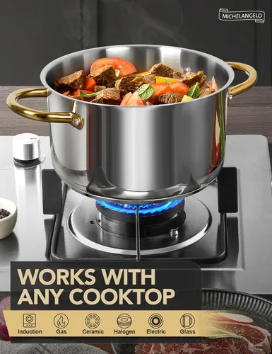 Vista 4 de MICHELANGELO Ollas de Acero Inoxidable - Olla de Inducción de 6 Qt con Tapa, Olla para Caldo de Acero Inoxidable 18/10, Olla de Cocina No Tóxica