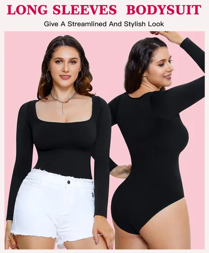 Vista 2 de Gotoly Body de manga larga para mujer, con control de abdomen, cuello cuadrado, básico, sin costuras, faja colombiana, moldeador de cuerpo