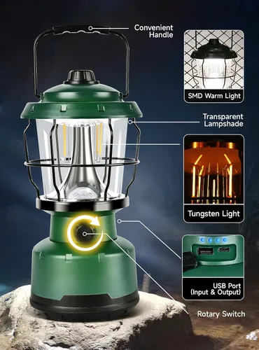 Vista 6 de Linterna LED para campamento, linterna recargable vintage regulable de 2500 lúmenes, resistente al agua, luces de emergencia portátiles