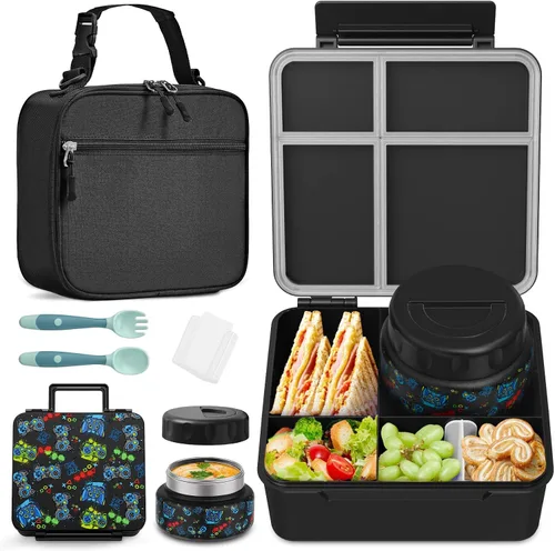 Vista 8 de Lonchera Bento para niños con contenedor térmico de alimentos (9 onzas), lonchera de 4 compartimentos, divisor ajustable, lonchera Bento a prueba