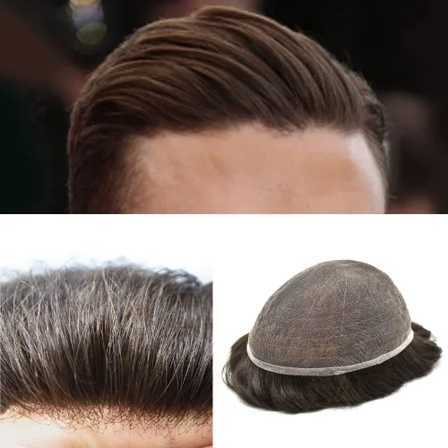 Vista 58 de Toupee para hombres Piezas de cabello humano real, encaje francés completo para hombres, pieza de cabello, nudos blanqueados, línea capilar natural