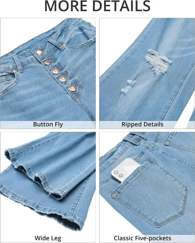 Vista 5 de GRAPENT Jeans rasgados para mujer, cintura alta, elásticos, con botones, acampanados, pierna ancha, desgastados, pantalones de mezclilla holgados