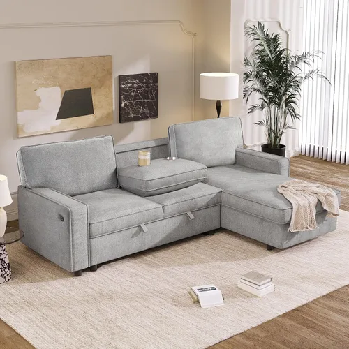 Vista 10 de Sofá cama modular de 104 pulgadas con diván de almacenamiento y taburetes para sala de estar, moderno sofá cama extraíble de 3 asientos