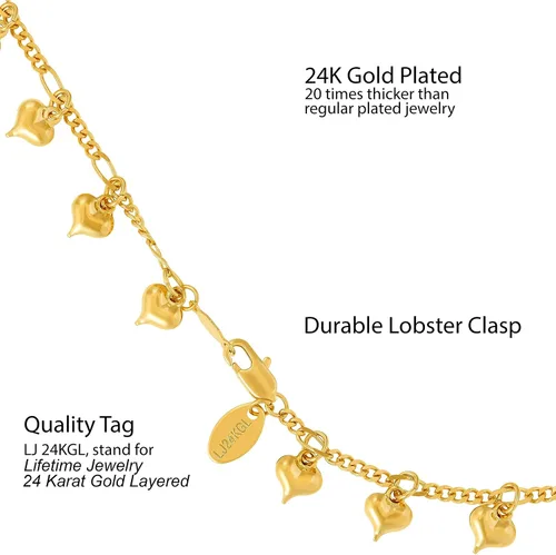 Vista 4 de LIFETIME JEWELRY Tobillera con corazones colgantes para mujeres y adolescentes chapada en oro de 24 quilates Metal