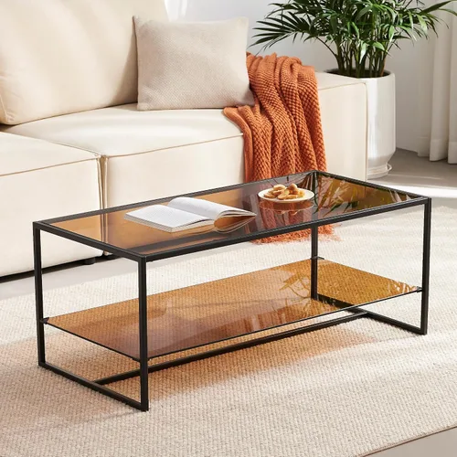 Vista 13 de Shrine - Mesa de café rectangular, diseño moderno de mediados de siglo, estructura de 2 niveles, parte superior de vidrio ámbar y estante de MDF