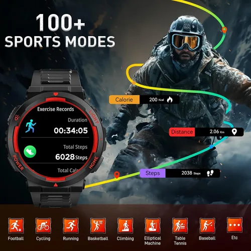 Vista 4 de Relojes inteligentes militares para hombres (respuesta/hacer llamadas) con linterna LED 3ATM resistente al agua reloj inteligente con más de 100