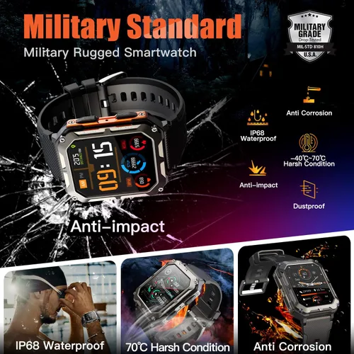 Vista 2 de meoonley Reloj inteligente militar resistente para hombres, reloj deportivo con respuesta/llamada IP68 1.83 pulgadas, rastreador de fitness