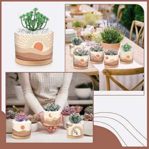 Vista 6 de Qinyoung 6 juegos de macetas Boho para suculentas, modernas macetas de cerámica con bandeja de bambú para plantas de interior, Aloe, Cactus