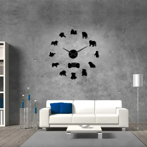 Vista 5 de The Geeky Days English British Bulldog contemporáneo 3D DIY reloj de pared con lindo hueso Pet Shop espejos superficie (negro)