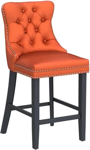 Vista 33 de SoarFlash Juego de 2 taburetes de bar tapizados de terciopelo moderno con patas de madera, botones acolchados, cabeza de clavo cromada, asiento