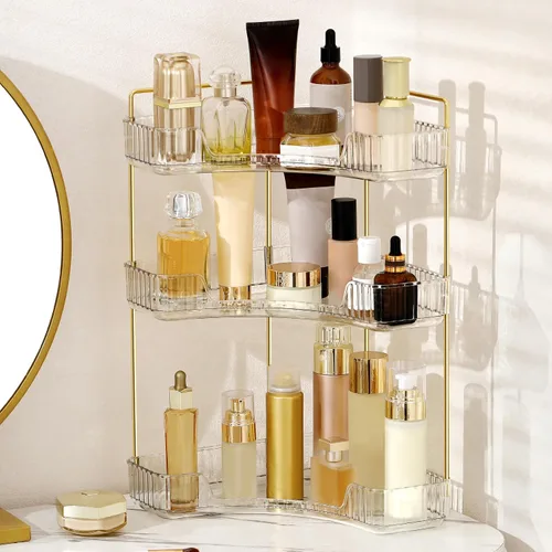 Vista 16 de Organizador de esquina para encimera de baño, estante de baño, organizador de maquillaje para tocador, bandeja de perfume para almacenamiento en Azul
