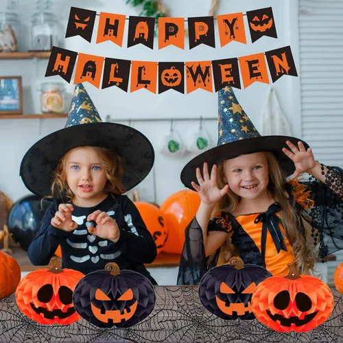 Vista 6 de Kit de decoración de fiesta de Halloween para interiores con bolas de papel de panal y abanicos, bufanda de mantel de chimenea, camino de mesa