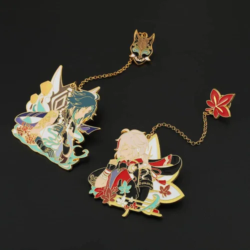 Vista 5 de Gen-shin Im-pact - Juego de pines esmaltados personajes de juegos de anime Venti Kazuha Xiao broches de metal con forma de mochila sombrero