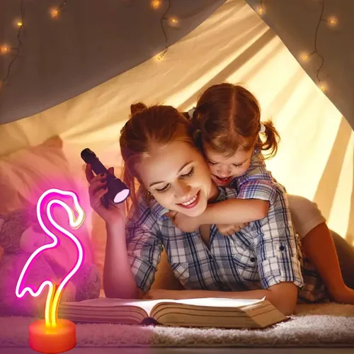 Vista 5 de YSMNDE Letrero de neón de flamenco, letrero de luz LED rosa para decoración de habitación de niñas, luces nocturnas de funcionamiento USB/batería