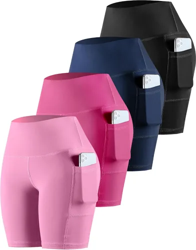 Vista 37 de CHRLEISURE - Pantalones cortos de ciclismo para mujer con bolsillos de licra, cintura alta, con control de abdomen para entrenamiento, yoga