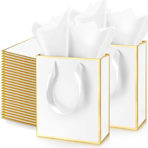 Vista 18 de Yeaqee Paquete de 100 bolsas metálicas de regalo con asa y papel de seda de papel de seda dorado para graduación, boda, padrinos de boda, regalos