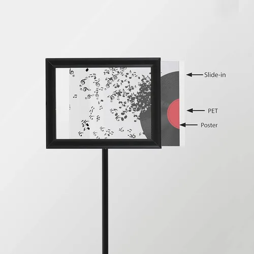 Vista 3 de M&T Displays Tablero de menú telescópico ajustable con pedestal, perfil de aluminio, marco de póster deslizable de doble cara negro, documento