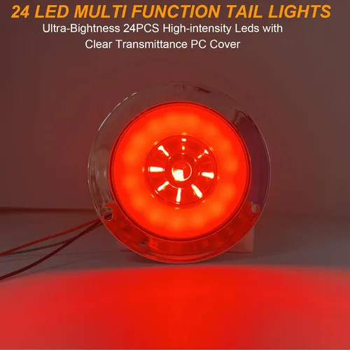 Vista 2 de Biqing 2 luces traseras redondas de 4 pulgadas, luces traseras LED rojas de 24 V, luces traseras de freno para remolque, 24 LED, montaje de brida