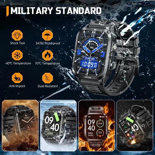 Vista 2 de Relojes inteligentes militares para hombre (responder/hacer llamadas) con potente linterna de 1.96 pulgadas HD, reloj inteligente táctico al aire