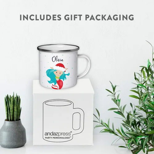 Vista 4 de Andaz Press Taza de café de acero inoxidable con nombre personalizado de 11 onzas para niños, diseño de sirena festiva, 1 paquete, taza de Navidad